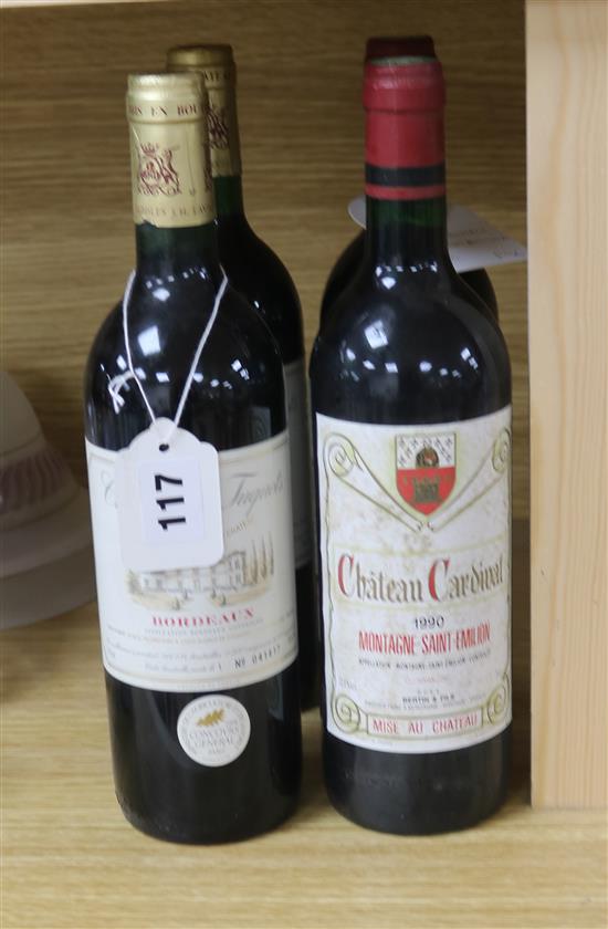 Two bottles of Chateau Cardinal, Montagne St. Emilion, 1990 and two bottles of Des Tuquets, Bordeaux, 1993